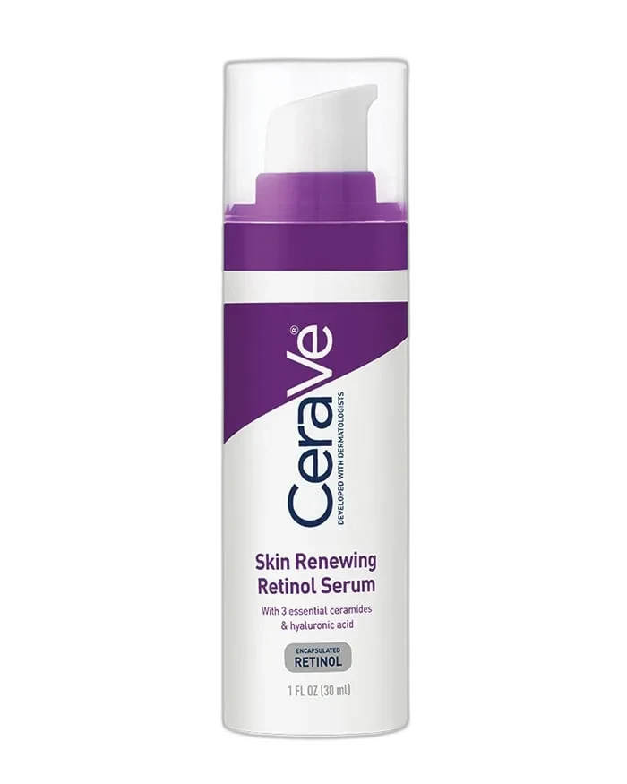 CeraVe Skin Renewing Retinol Serum in a white opaque pump bottle with blue branding