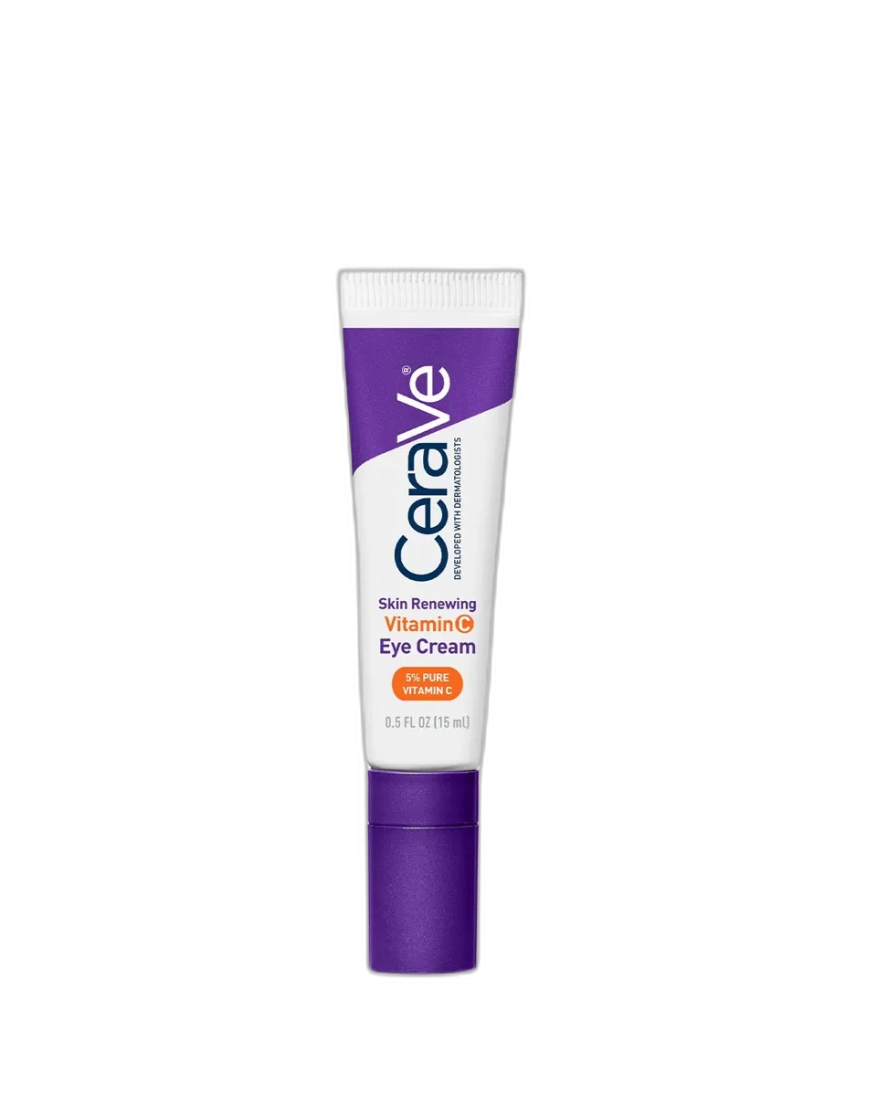 CeraVe Skin Renewing Vitamin C Eye Cream in a white squeeze tube with orange and blue CeraVe