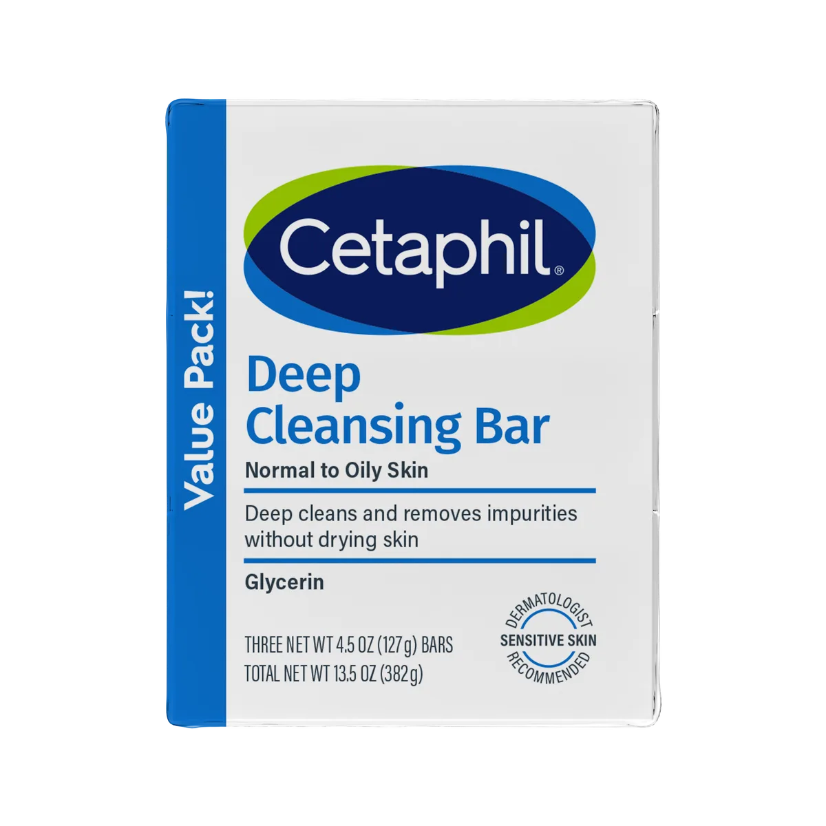 Cetaphil Deep Cleansing Bar, 4.5 oz white syndet cleansing bar in cardboard box for normal to