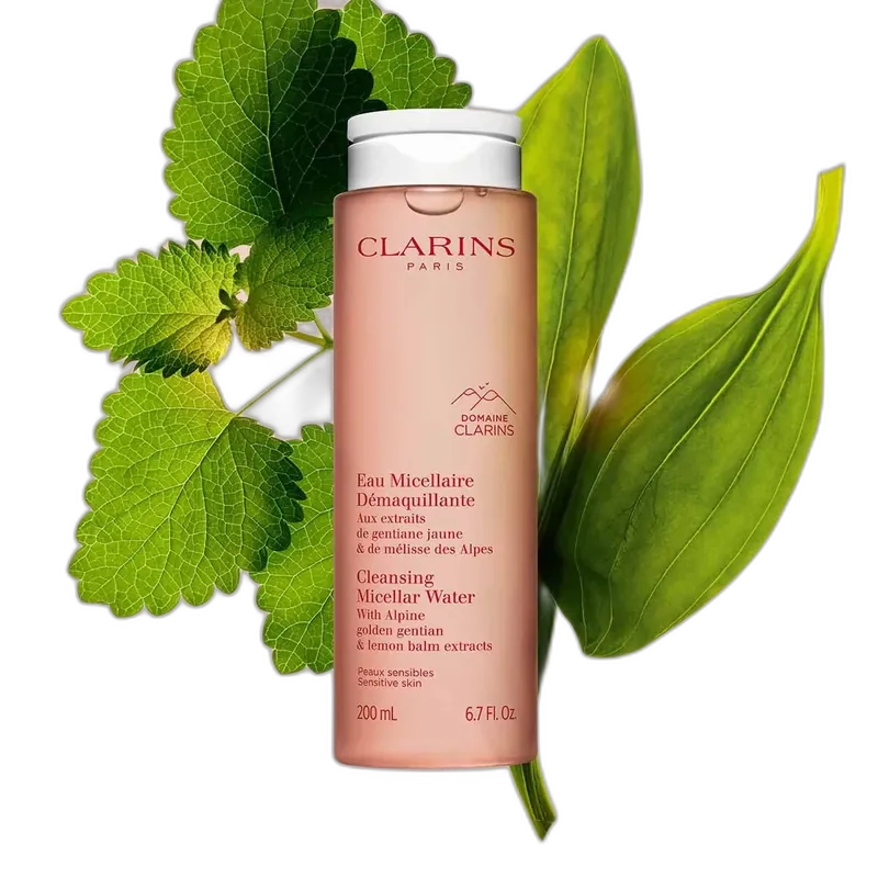 Clarins Cleansing Micellar Water in clear plastic bottle with white and red branding