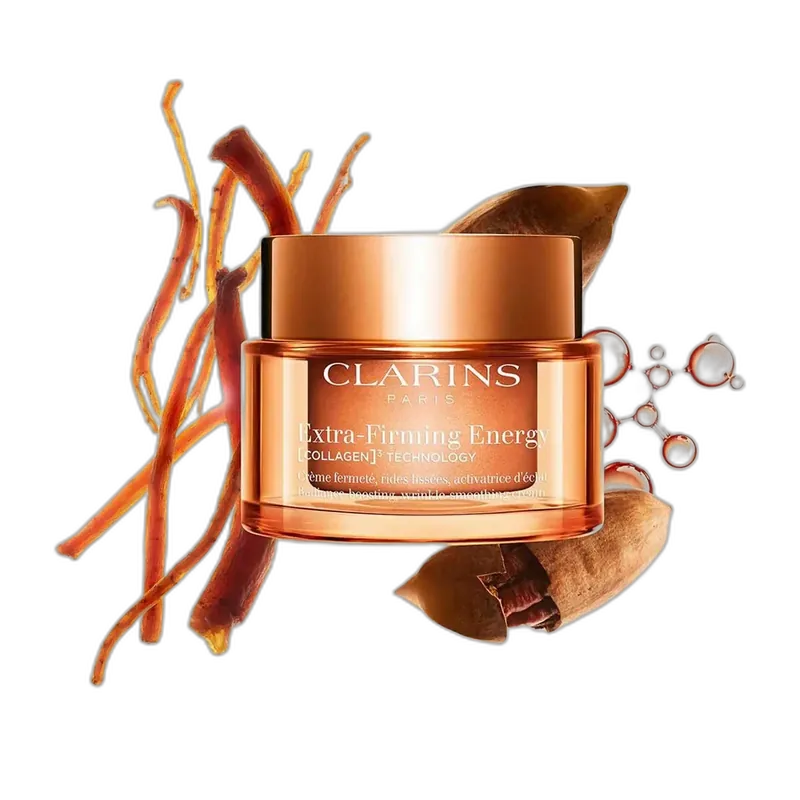 Clarins Extra-Firming Energy Cream refillable jar with rosy-peach tinted moisturizer