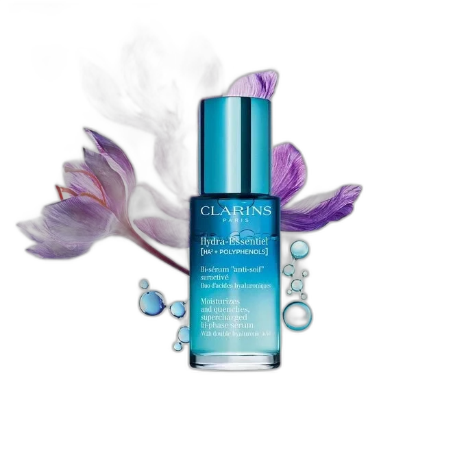 Clarins Hydra-Essentiel Bi-Phase Serum bottle showing visible blue water and clear oil phase