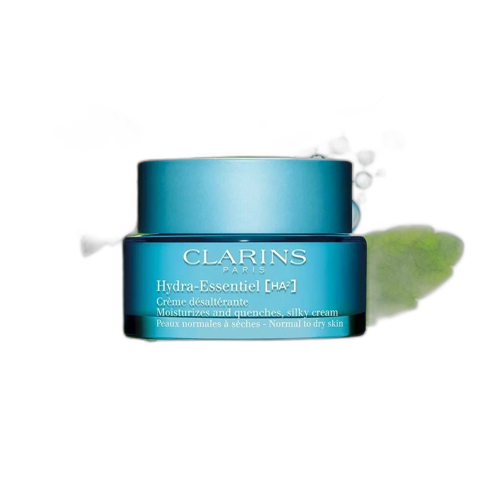 Clarins Hydra-Essentiel Silky Cream in light blue eco-design jar with matte cap