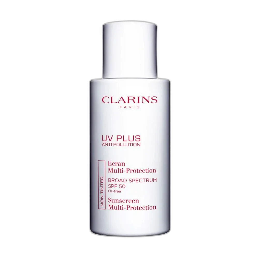 Clarins UV Plus Anti-Pollution Sunscreen Multi-Protection SPF 50 in white squeeze tube packaging