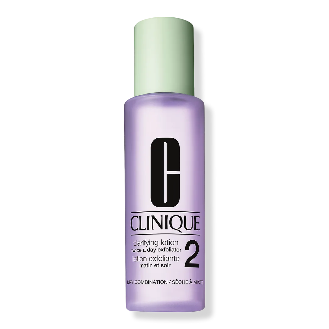 Clinique Clarifying Lotion 2 in clear bottle with green cap and purple-tinted liquid