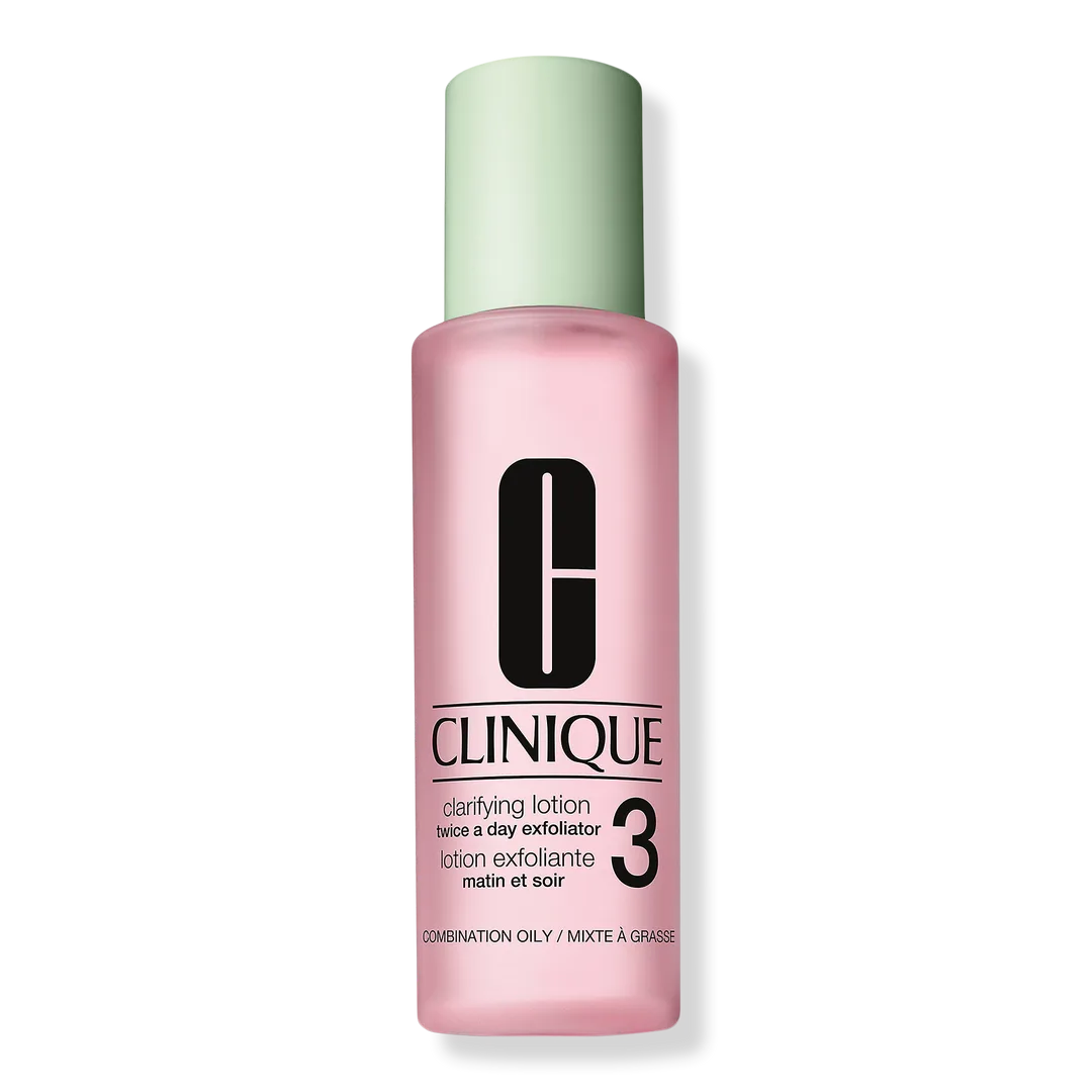 Clinique Clarifying Lotion 3 in clear bottle with green cap and purple-orange tinted liquid