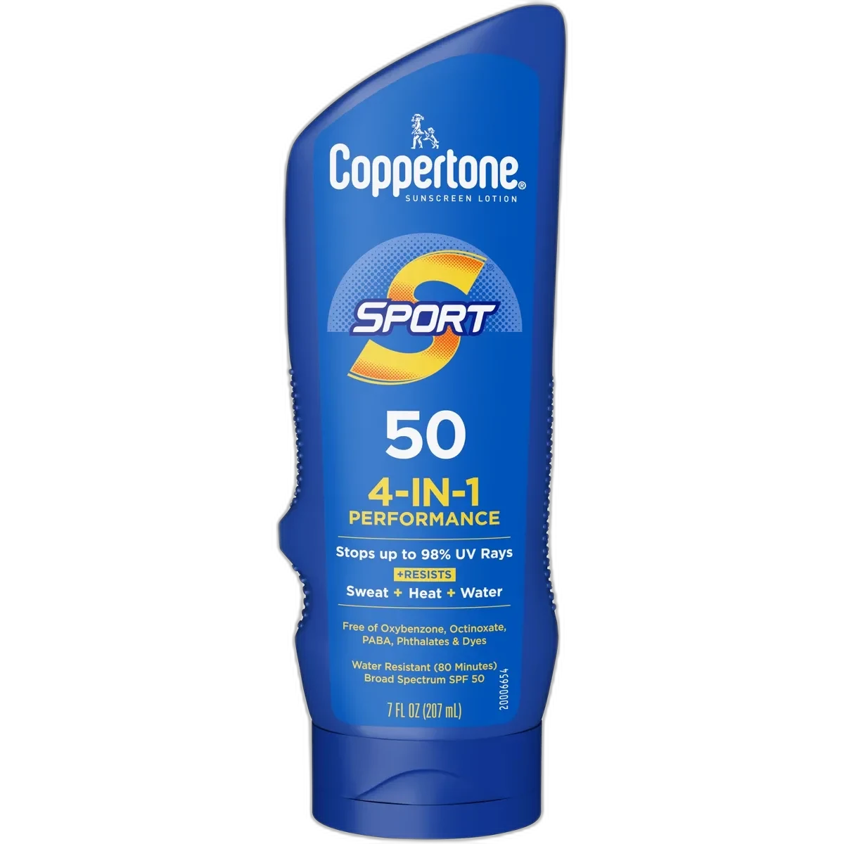 Coppertone Sport Sunscreen Lotion SPF 50 in blue and yellow squeeze bottle