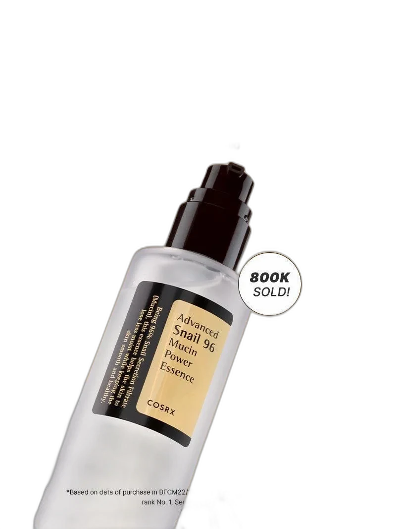 COSRX Advanced Snail 96 Mucin Power Essence in a white pump bottle with minimalist label design