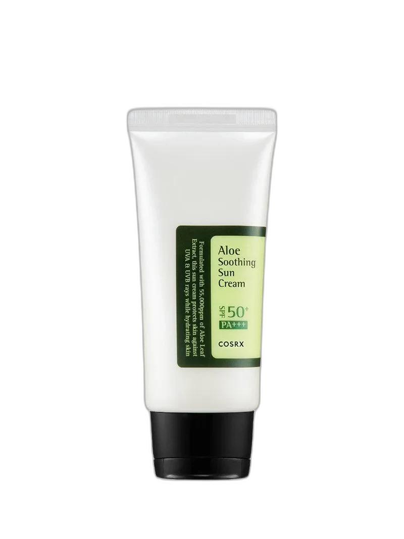 COSRX Aloe Soothing Sun Cream SPF 50 PA+++ in a white squeeze tube with green accents