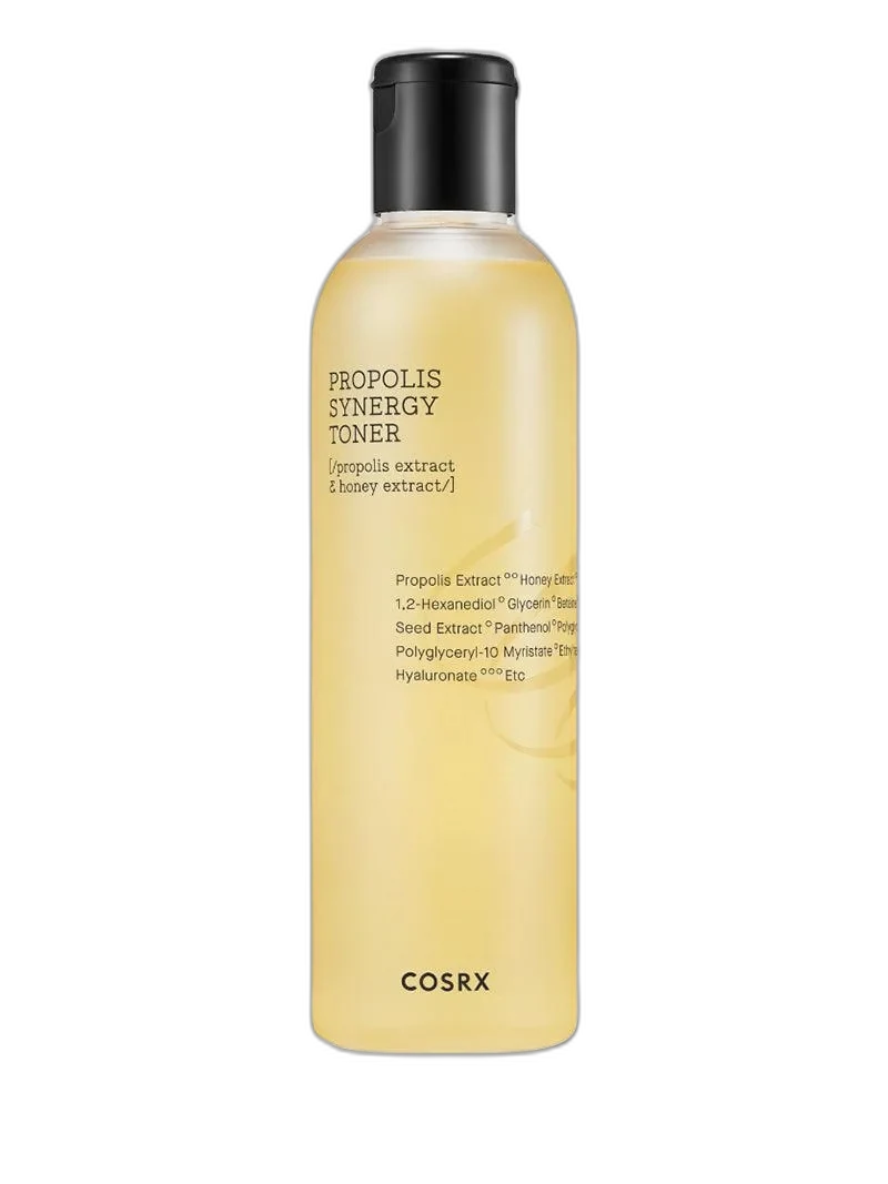 COSRX Full Fit Propolis Synergy Toner in a clear bottle with golden-tinted propolis liquid