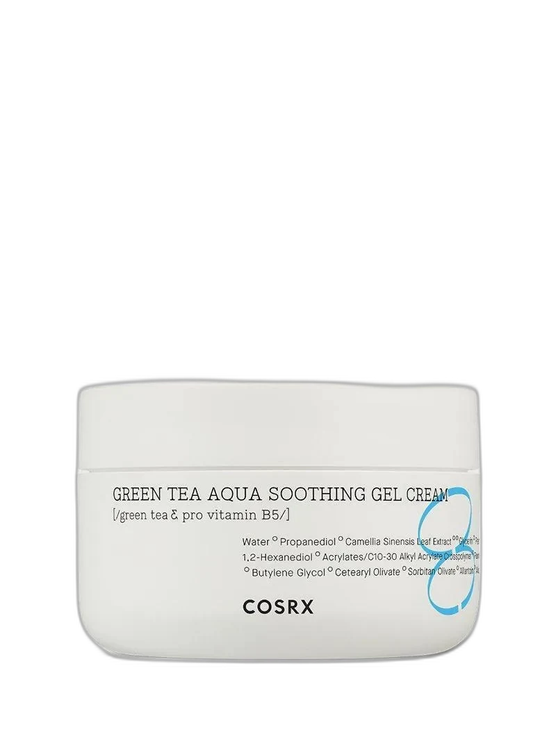 COSRX Hydrium Green Tea Aqua Soothing Gel Cream in a white cylindrical jar with minimalist