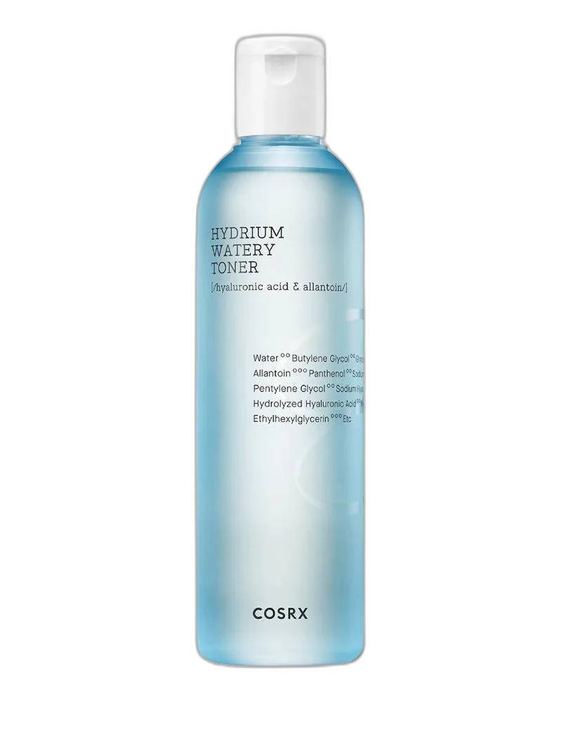 COSRX Hydrium Watery Toner in a light blue frosted plastic bottle with minimalist COSRX branding