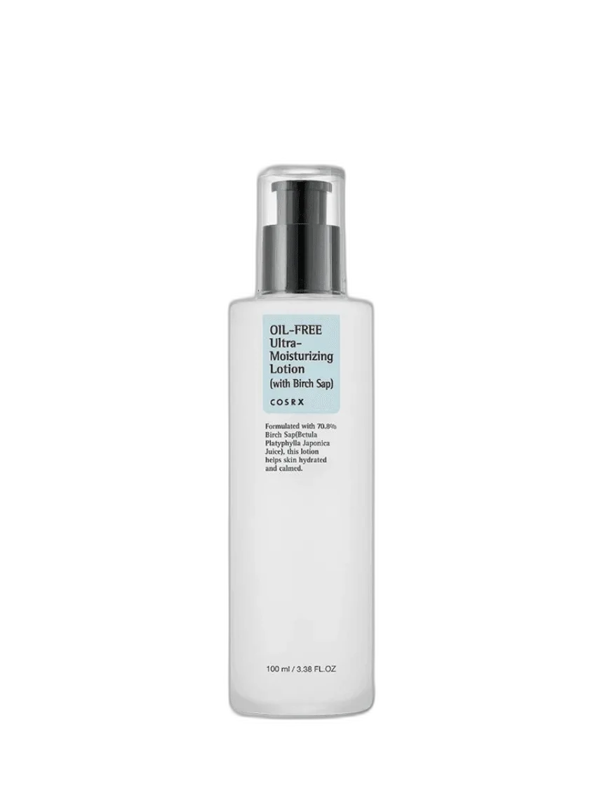 COSRX Oil-Free Ultra-Moisturizing Lotion with Birch Sap in a clear pump bottle with minimalist
