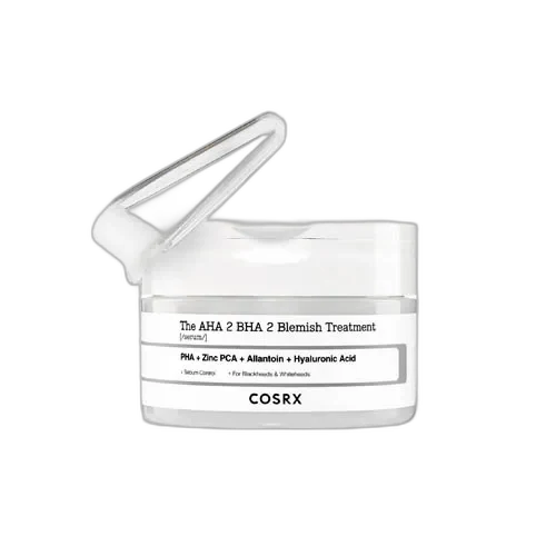 COSRX The AHA 2 BHA 2 Blemish Treatment Serum jar with compressed cotton balls and tongs
