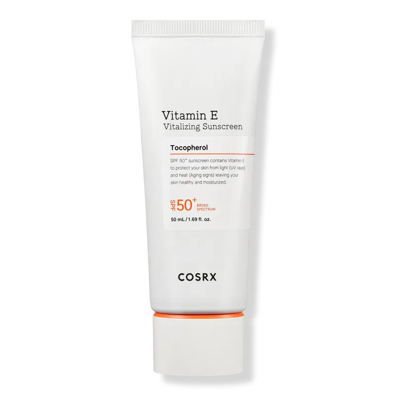 COSRX Vitamin E Vitalizing Sunscreen SPF 50 in a white squeeze tube