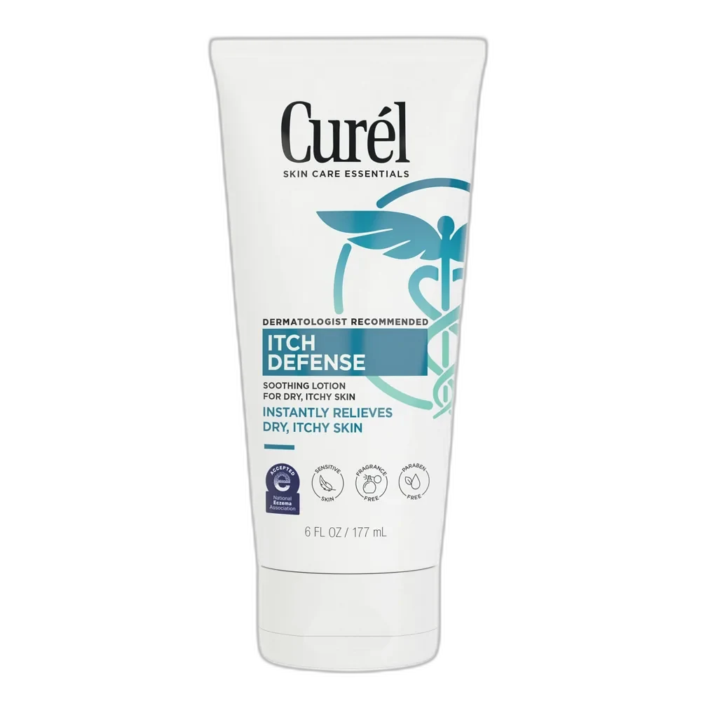 Curél Itch Defense Calming Body Lotion white pump bottle with green accent branding and NEA seal