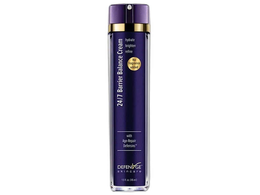 DefenAge 24/7 Barrier Balance Cream in frosted glass jar with silver lid