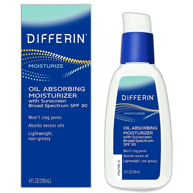 Differin Oil Absorbing Moisturizer SPF 30 in a white tube with blue and orange branding
