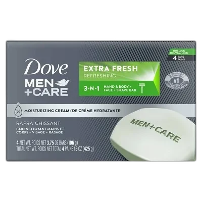 Dove Men+Care Extra Fresh Body and Face Bar, grey bar with green accents