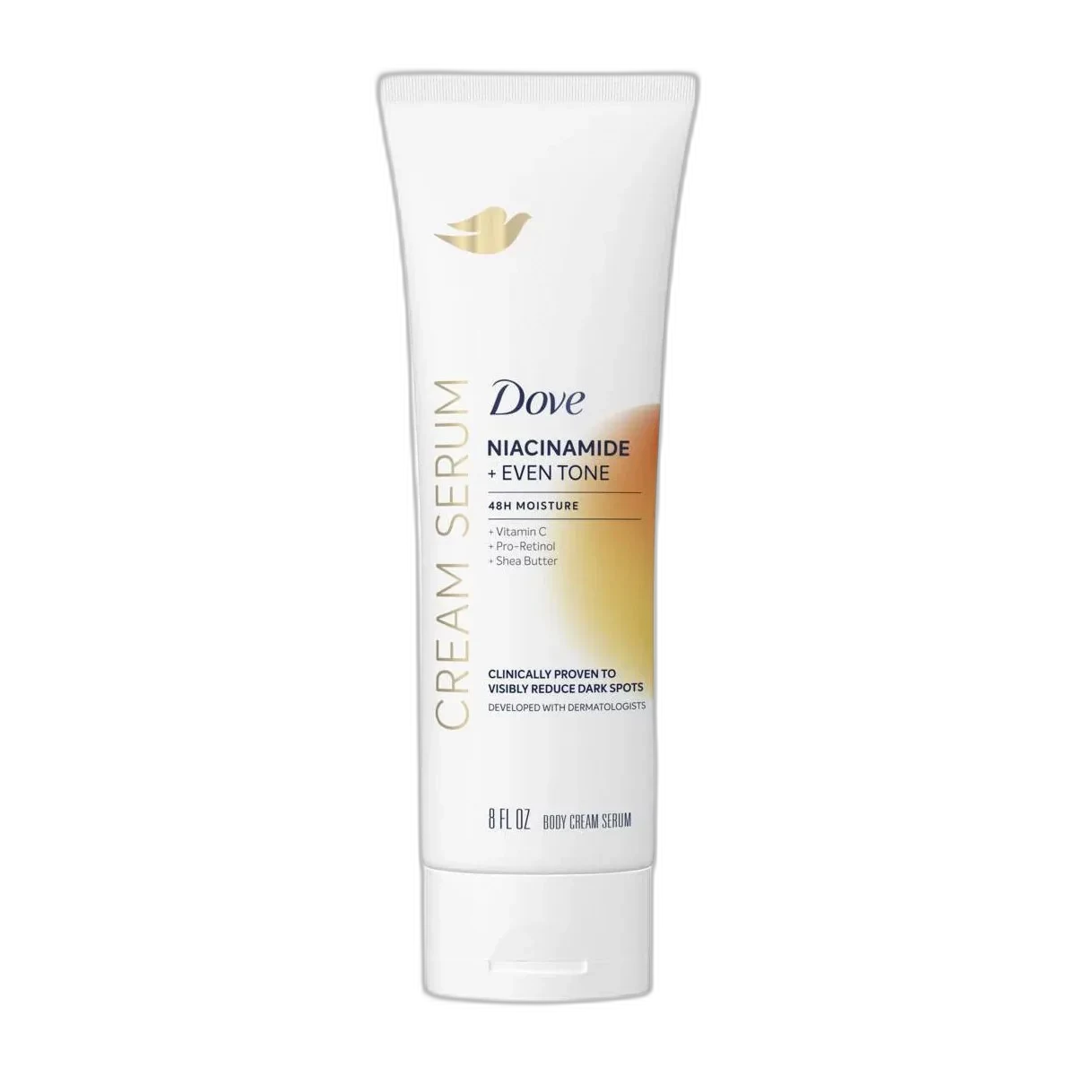 Dove Niacinamide + Even Tone Cream Serum in a pump bottle with gold and white packaging