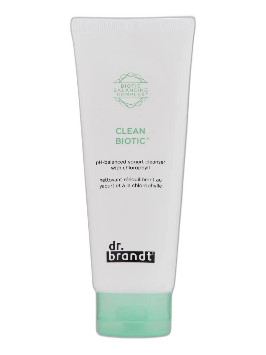 Dr. Brandt Clean Biotic pH-Balanced Yogurt Cleanser tube with green gel