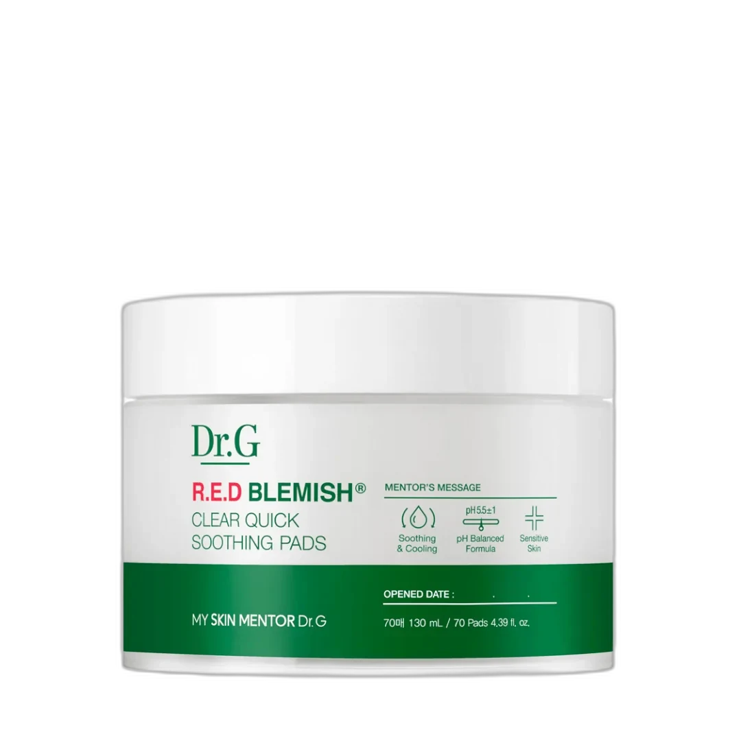 Dr.G Red Blemish Clear Quick Soothing Pack 70 pads jar on white background