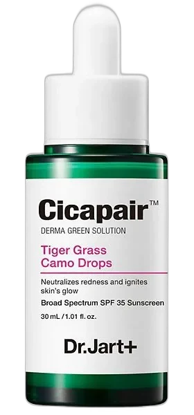 Dr. Jart+ Cicapair Tiger Grass Camo Drops SPF 35 in a green gradient glass dropper bottle