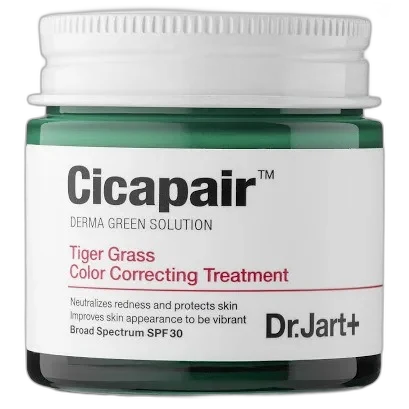Dr. Jart+ Cicapair Tiger Grass Color Correcting Treatment SPF 30 in a green jar with white lid