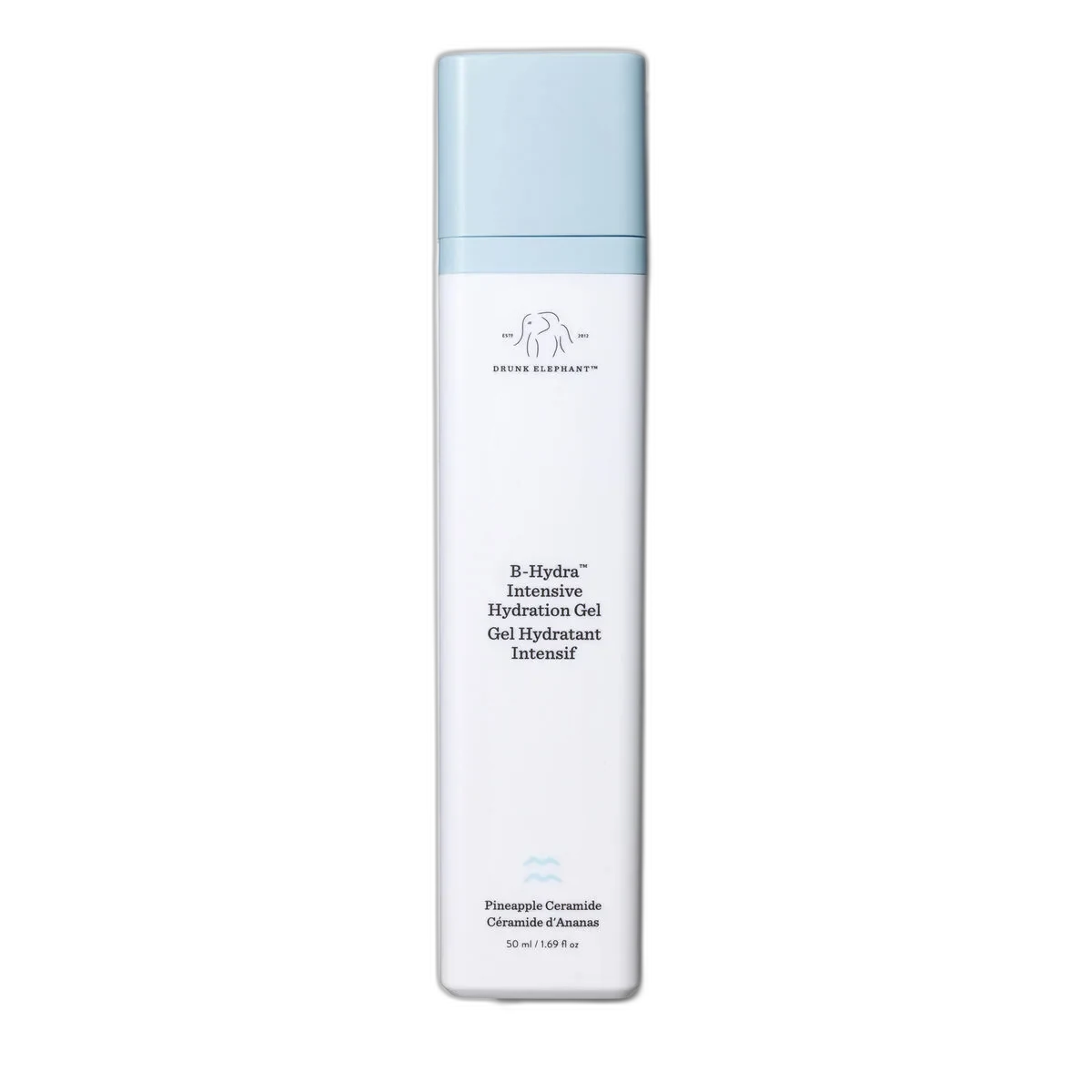 Drunk Elephant B-Hydra Intensive Hydration Serum in white airless pump bottle with teal cap