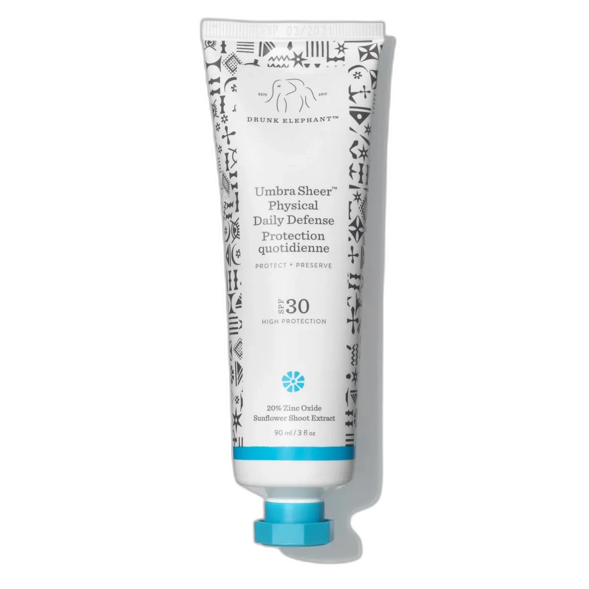 Drunk Elephant Umbra Sheer Physical Daily Defense SPF 30 mineral sunscreen tube