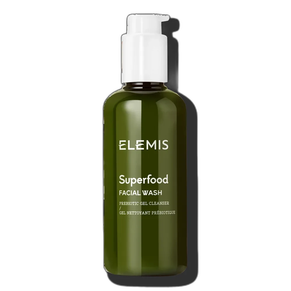 Elemis Superfood Facial Wash green gel cleanser in a white squeeze tube