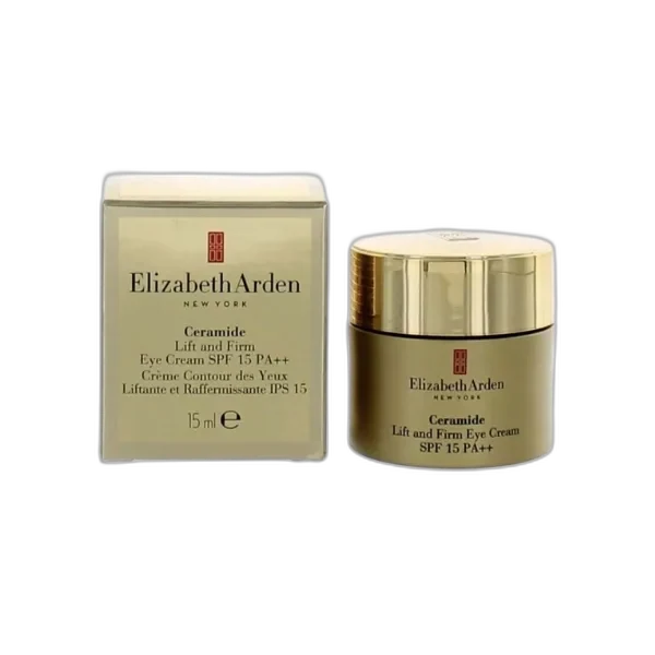 Elizabeth Arden Ceramide Lift and Firm Eye Cream SPF 15 in a frosted glass jar with a gold-tone cap