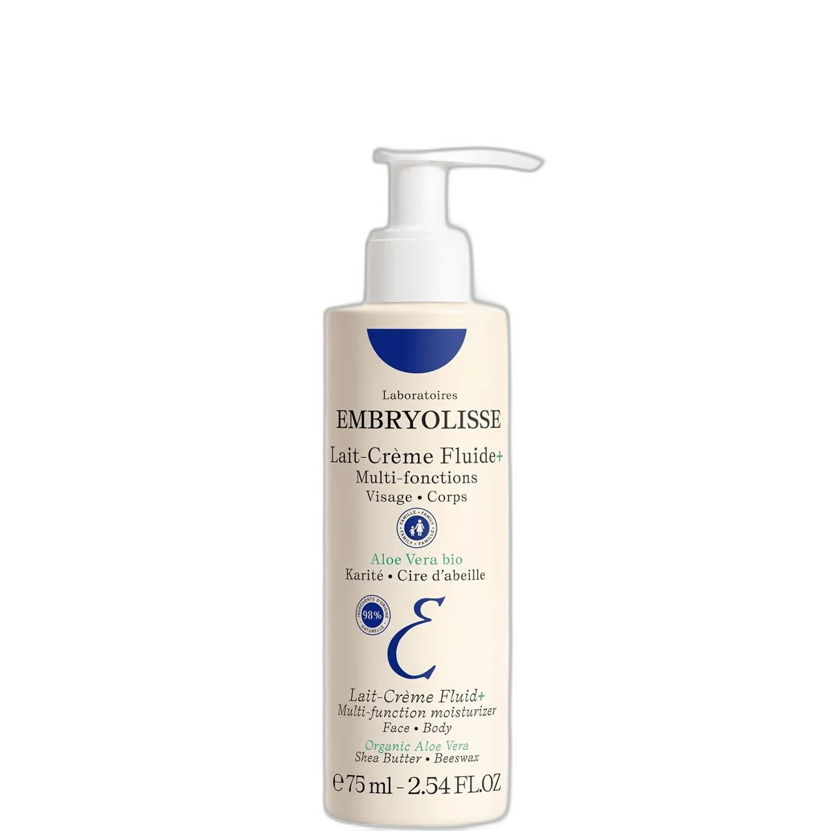 Embryolisse Lait-Crème Fluid+ 75ml pump bottle with white and blue branding