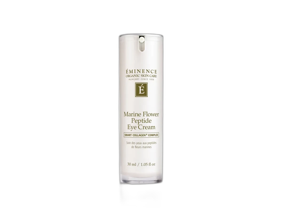 Eminence Organic Skin Care Marine Flower Peptide Eye Cream in a frosted glass jar with gold