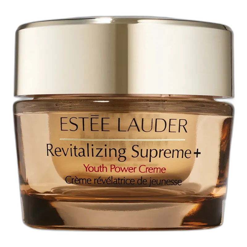 Estée Lauder Revitalizing Supreme+ Moisturizer in a refillable glass jar with gold lid