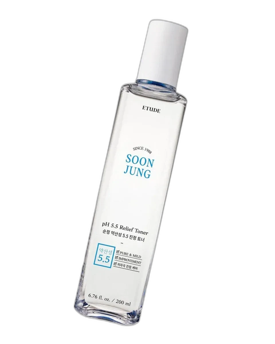 Etude Soon Jung pH 5.5 Relief Toner clear bottle with white and green label