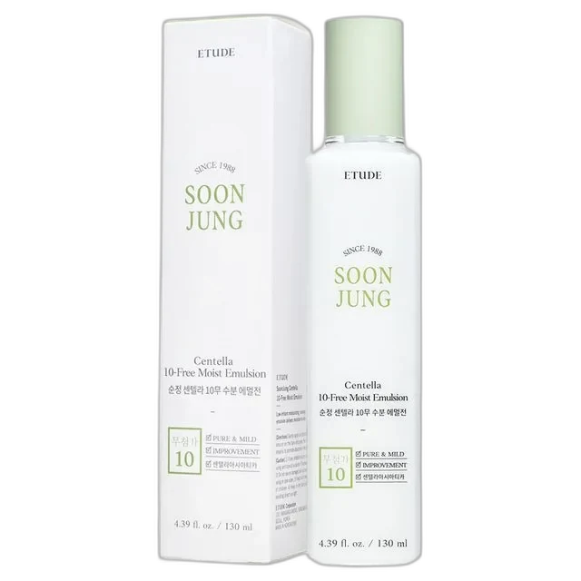 Etude SoonJung Centella 10-Free Moist Emulsion in a pastel blue pump bottle