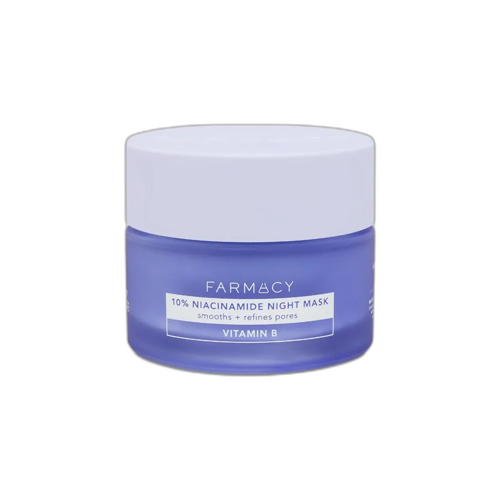 Farmacy 10% Niacinamide Night Mask in a recyclable glass jar with spatula