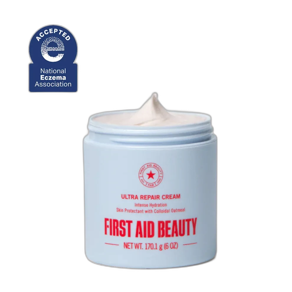 First Aid Beauty Ultra Repair Cream Intense Hydration in a white tub with red branding