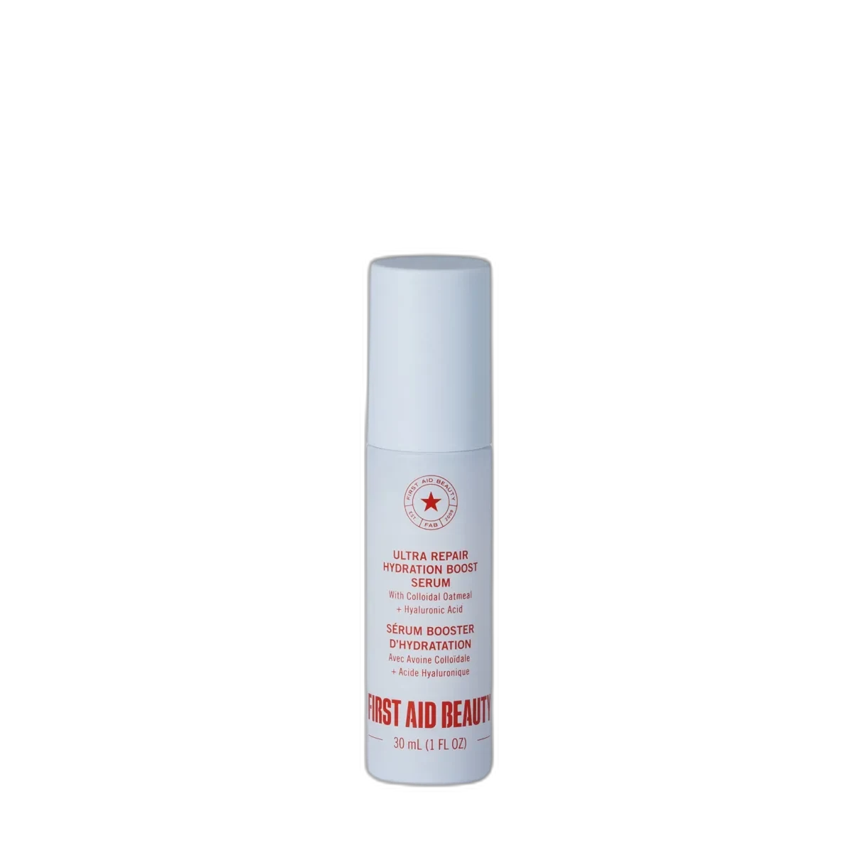 First Aid Beauty Ultra Repair Hydrating Serum in a glass dropper bottle with white and red branding