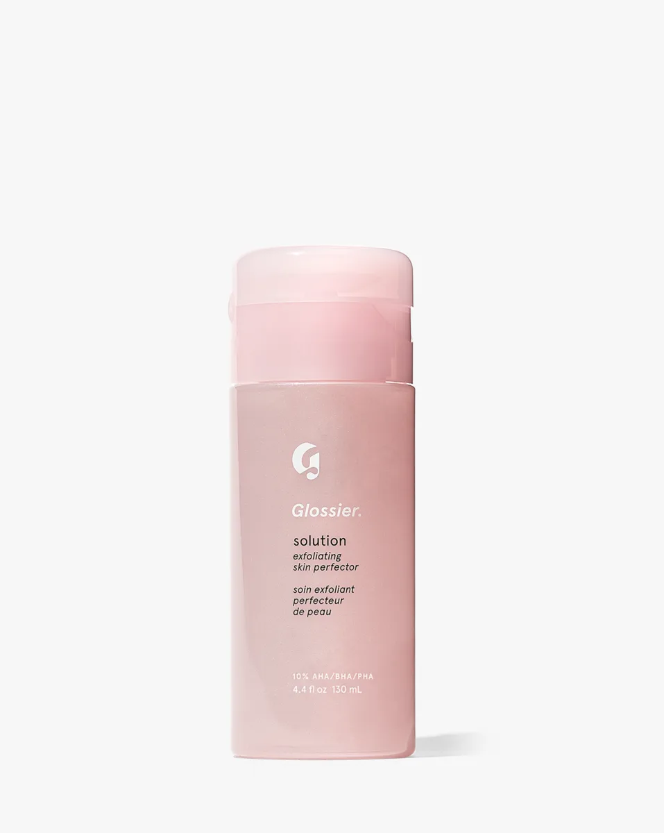 Glossier Solution Exfoliating Skin Perfector triple acid AHA BHA PHA liquid exfoliant in a