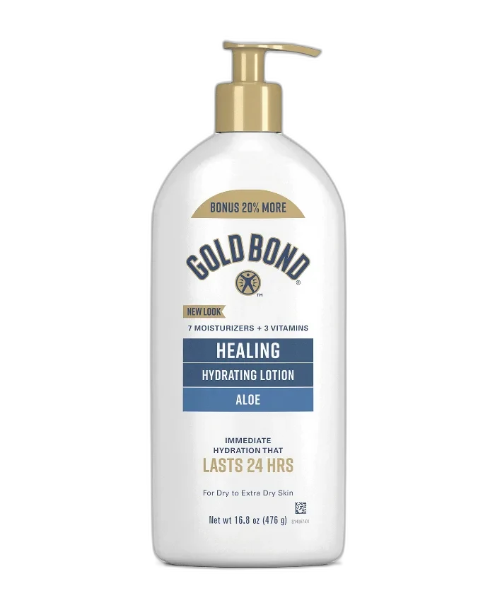 Gold Bond Healing Skin Therapy Lotion with Aloe 14 oz pump bottle with green and gold branding