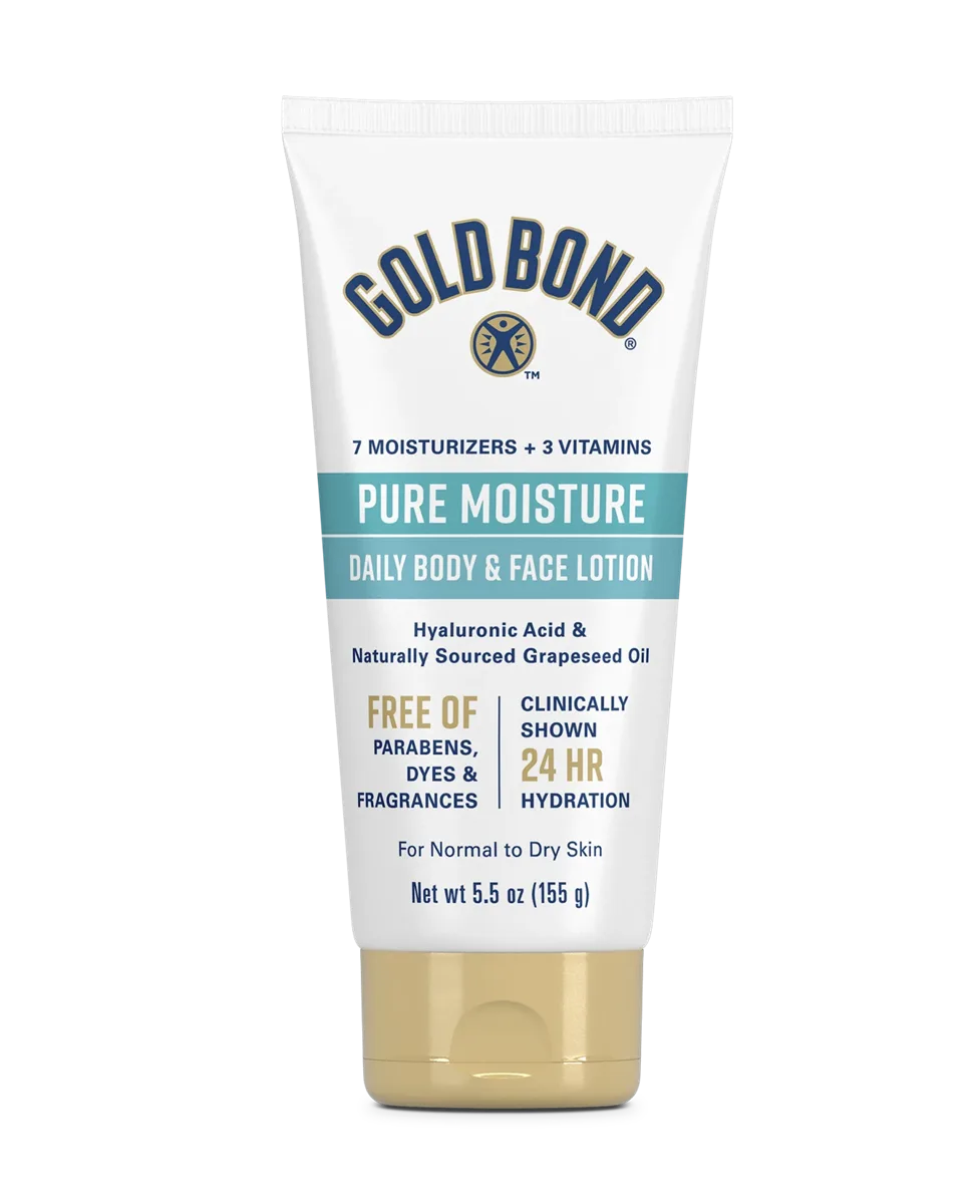 Gold Bond Pure Moisture Ultra-Light Daily Body & Face Lotion 5.5 oz tube with clean white and
