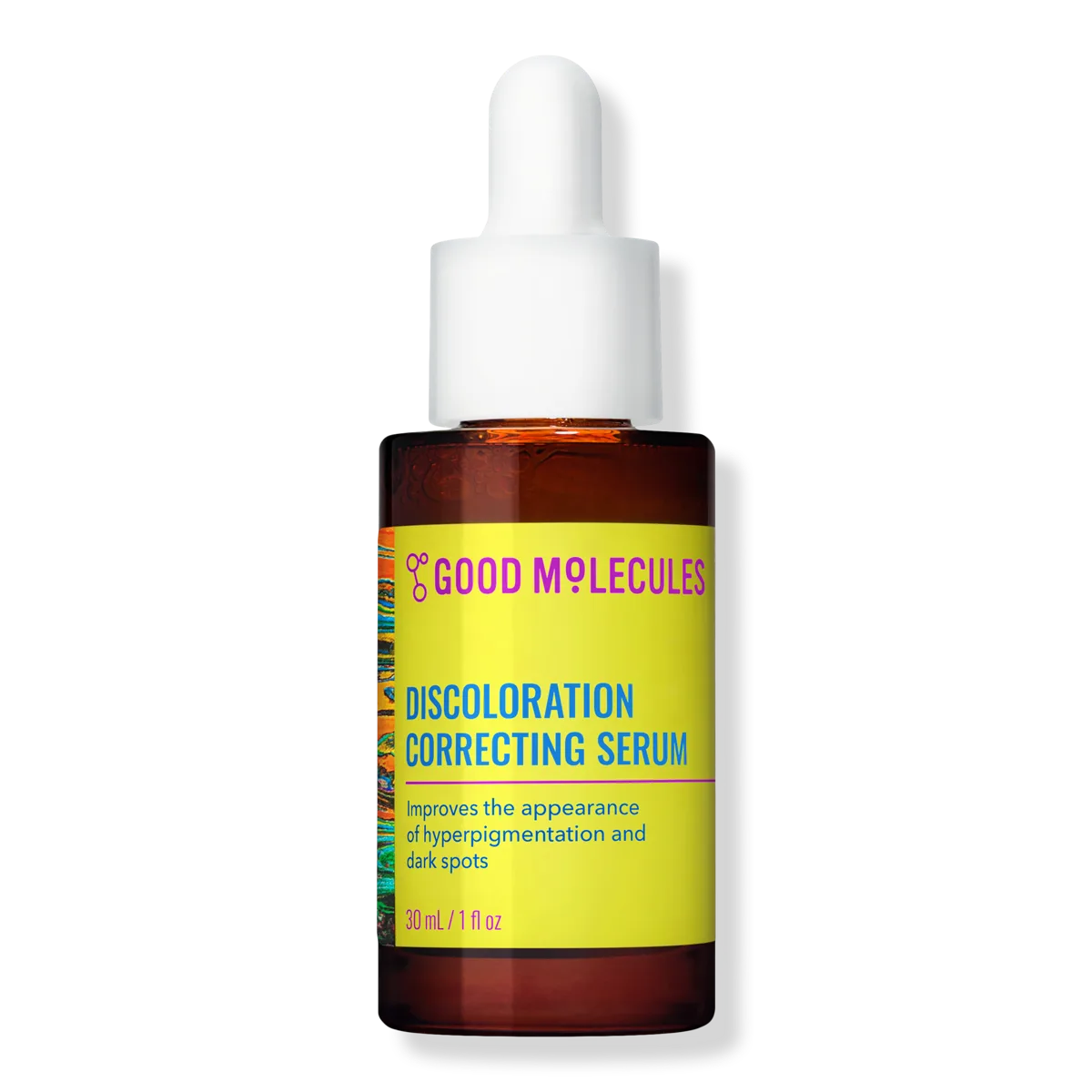 Good Molecules Discoloration Correcting Serum in a frosted glass dropper bottle with clean