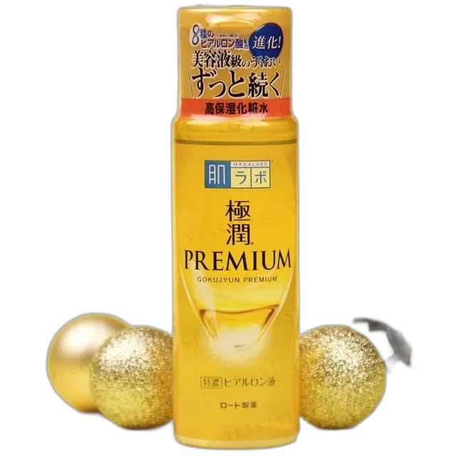 Hada Labo Gokujyun Premium Hyaluronic Acid Lotion in a gold bottle