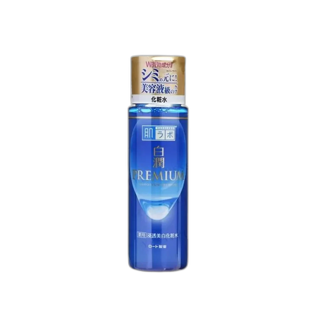 Hada Labo Shirojyun Premium Whitening Lotion in a white bottle with blue premium branding