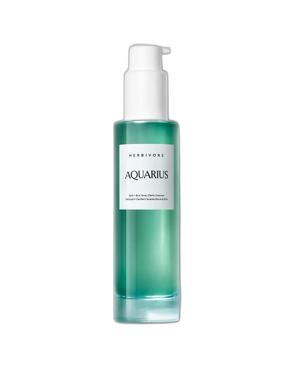 Herbivore Botanicals Aquarius BHA + Blue Tansy Clarity Facial Cleanser in clear glass bottle