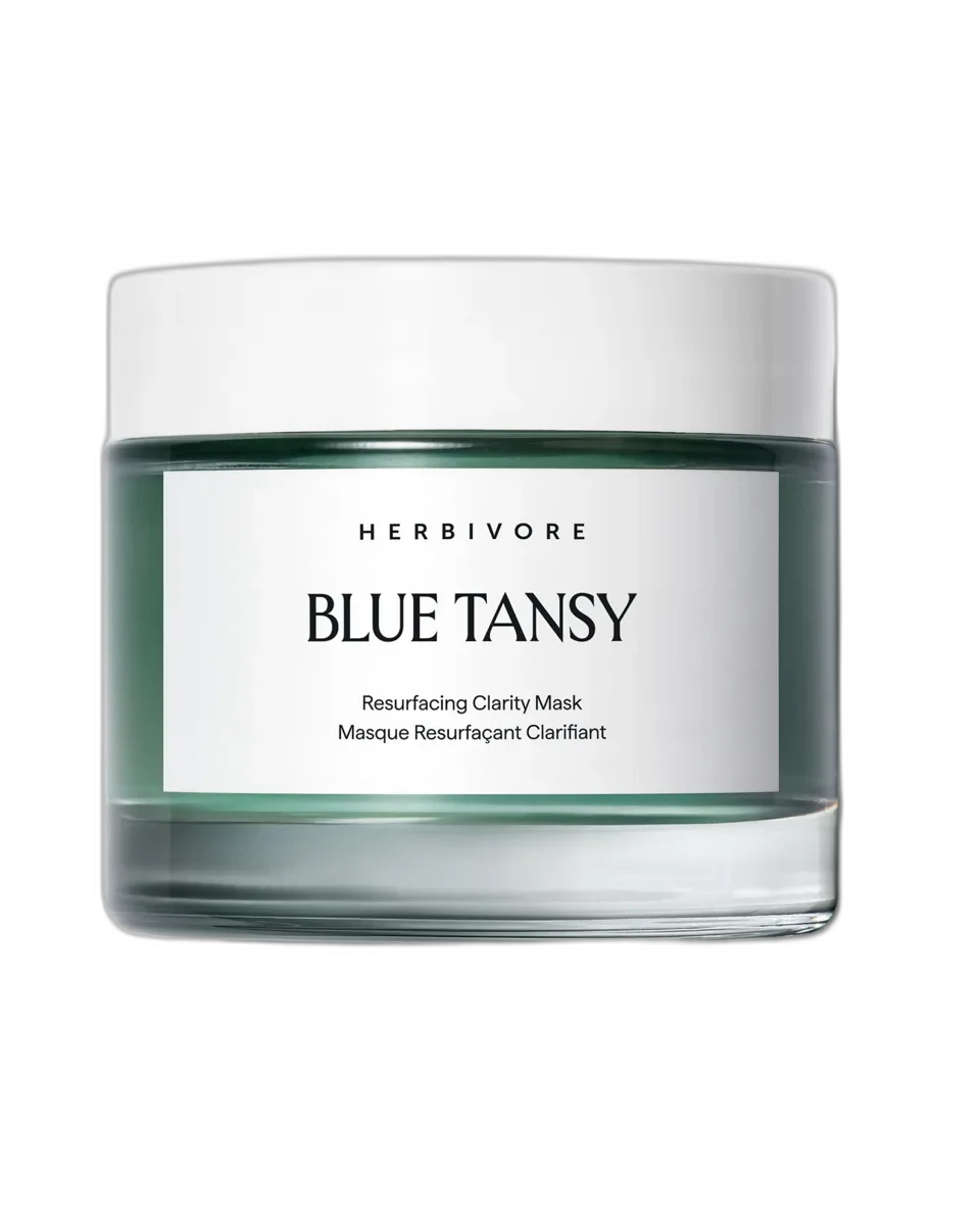 Herbivore Botanicals Blue Tansy Resurfacing Clarity Face Mask in clear glass jar showing deep