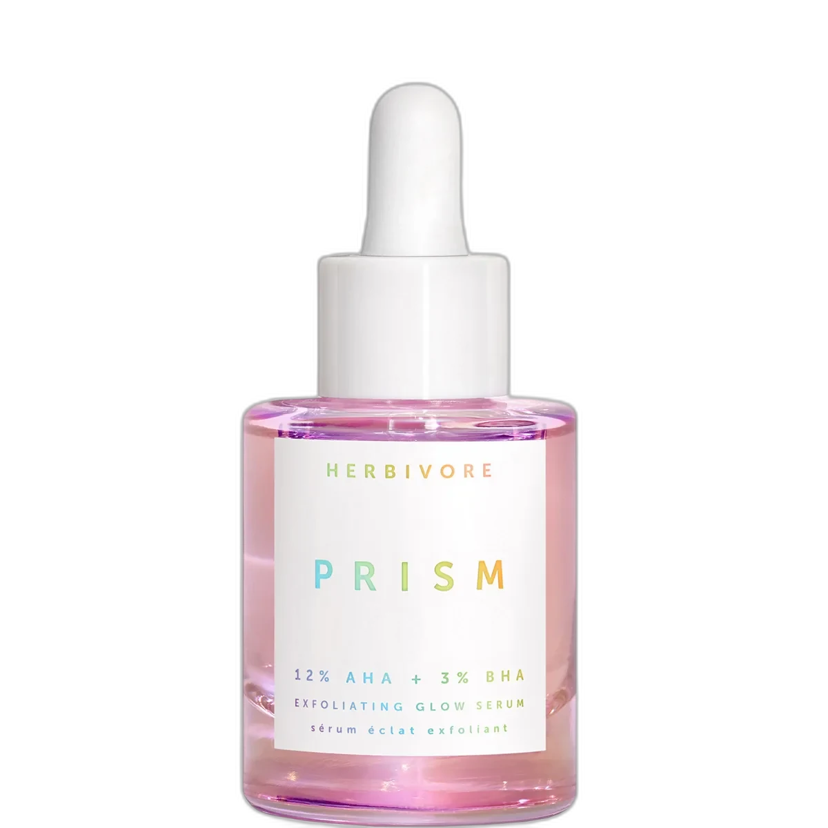 Herbivore Botanicals Prism AHA + BHA Exfoliating Glow Serum in a pink glass dropper bottle