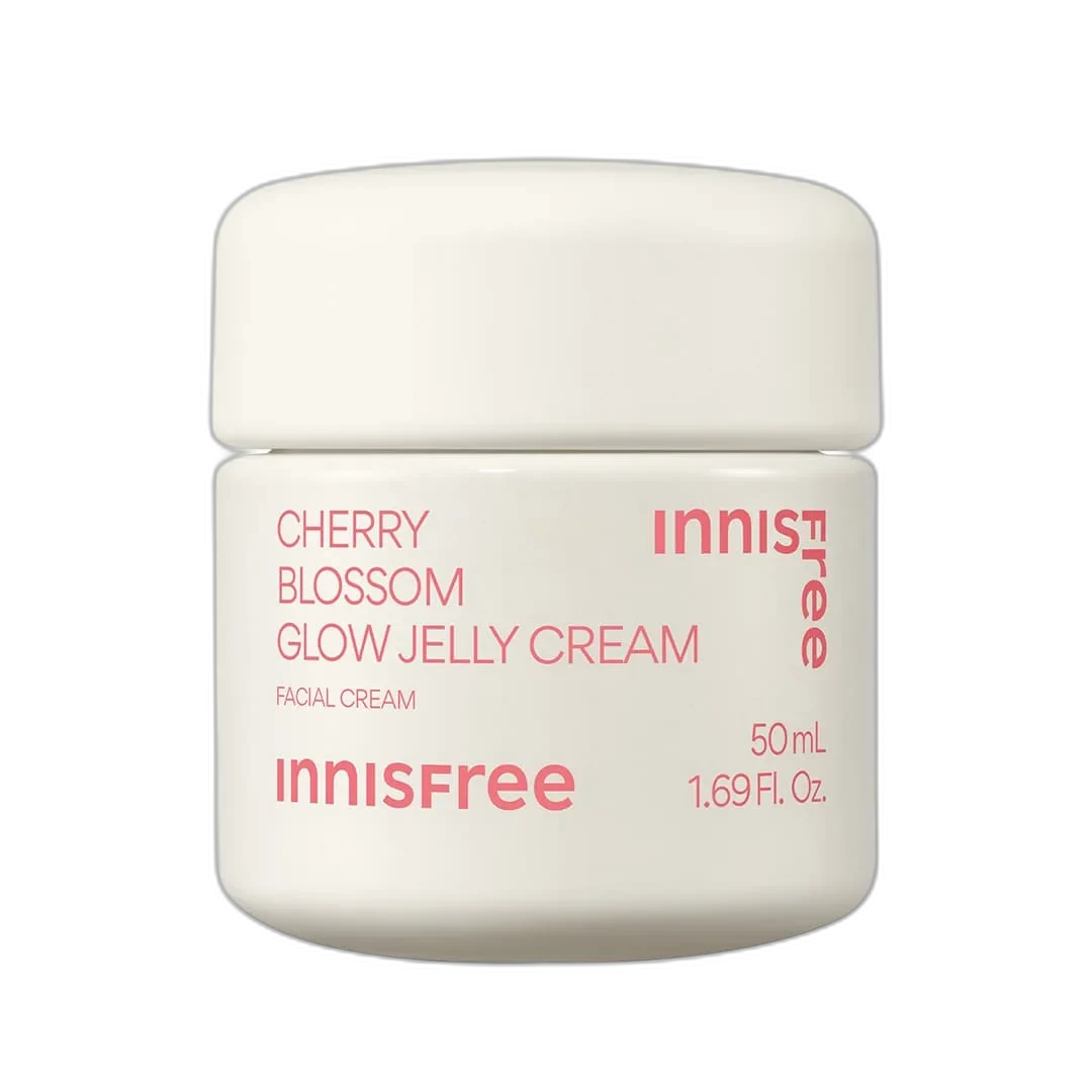 Innisfree Dewy Glow Jelly Cream with Jeju Cherry Blossom in clear jar with pink lid